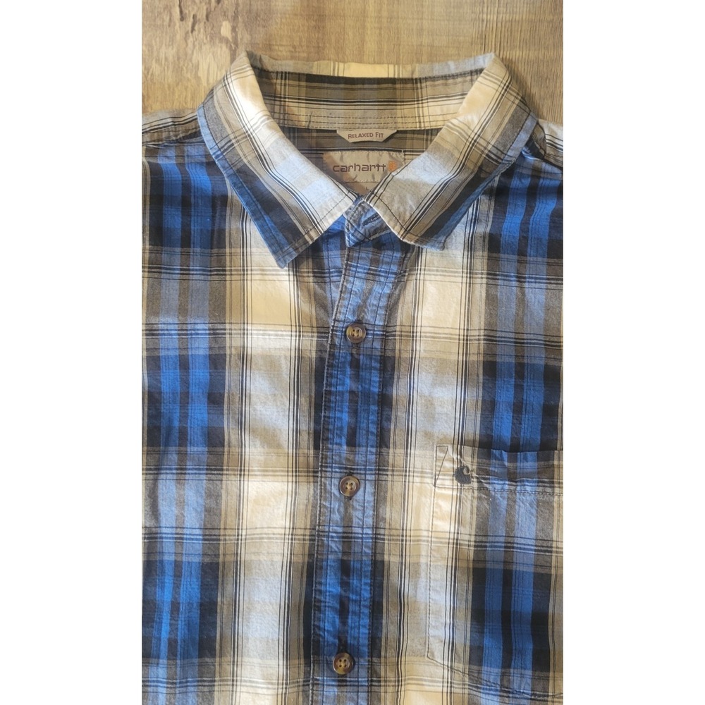 Carhartt Mens Relaxed Fit Short Sleeve Blue Plaid Button Up Shirt Large EUC